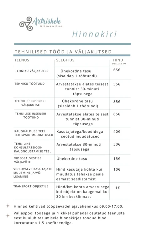 Artriskele teenuste hinnakiri