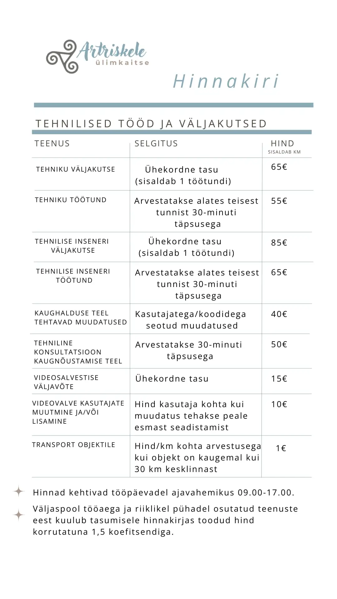 Artriskele teenuste hinnakiri